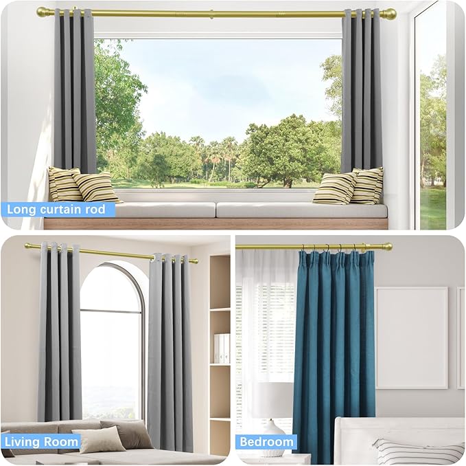 Curtain Rods for Windows 16 to 150 Inches, Curtain Rod Max Adjustable Length of 160 IN, 6/8" Diameter Drapery Rods Round Finials, Warm Gold, Pack of 1