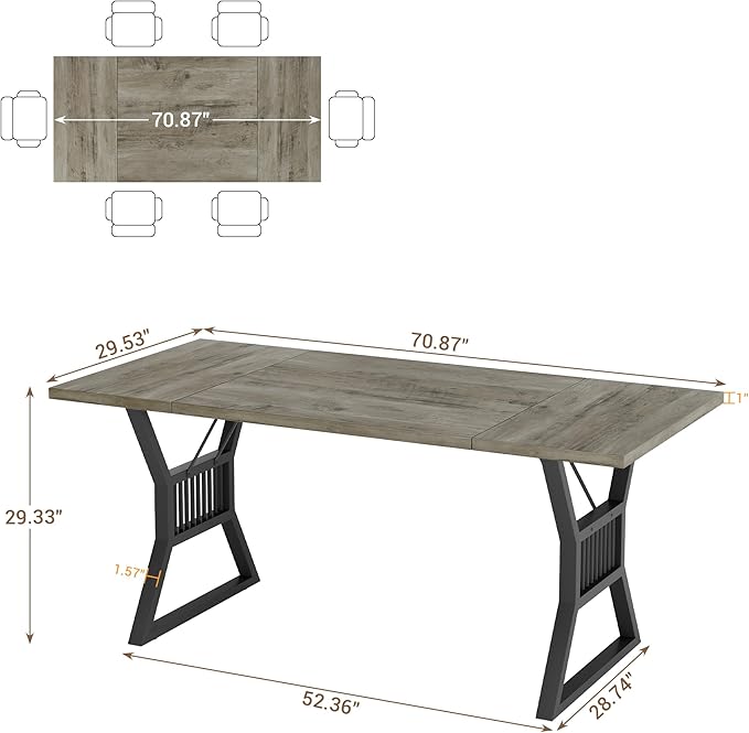 GarveeHome 70.8 Inch Dining Table 4-6 Person, Kitchen Table with Heavy Duty Metal Legs, Farmhouse Wooden Dining Room Table for Kitchen, Living Room