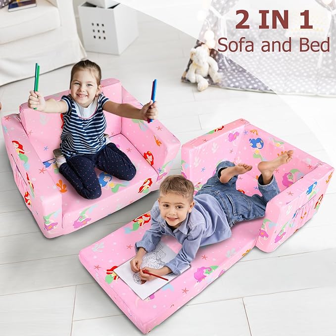 Kids Couch, 2-in-1 Kids Fold Out Sofa, Convertible Toddler Couch to Lounger for Girls and Boys, Soft Toddler Chairs Comfy 1-3 Years Old(Mermaid)