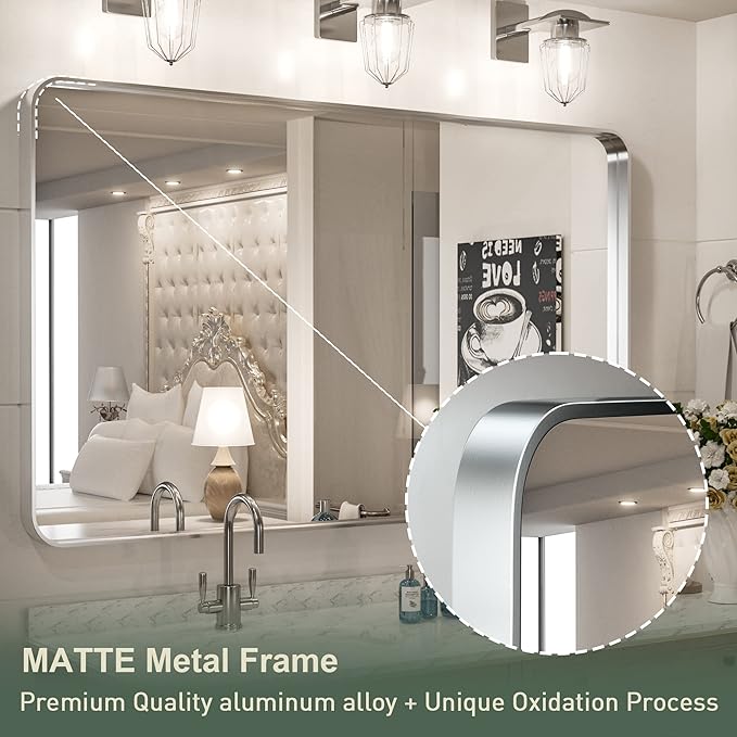 TokeShimi 48 x 30 Inch Brushed Silver Bathroom Mirror for Wall Brushed Brass Metal Rounded Corner Rectangle Mirror Metal Frame Deep Set Design Hangs Horizontal Or Vertical