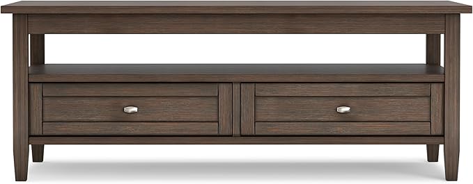 SIMPLIHOME Warm Shaker Coffee Table - 48 inch Wide Solid Wood Cocktail Table in Farmhouse Brown, Transitional Living Room Table with 2 Storage Drawers and Open Shelf for Sitting Area or Lounge