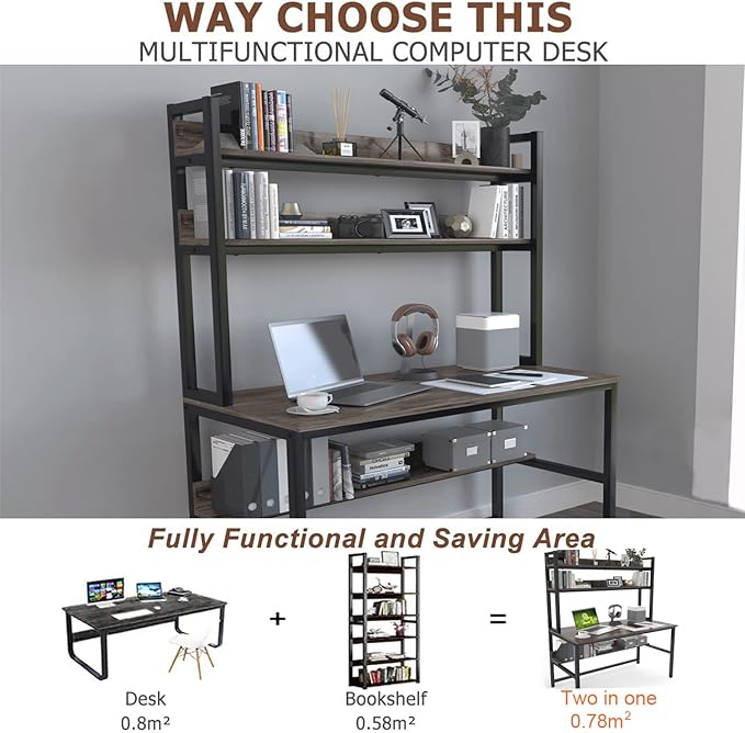 Aquzee Desk with Hutch Bookshelves, Computer Desk with 3 Tiers Storage Shelves, Space Saving Design Black Metal Legs Desk with Grey Board, Easy Assemble