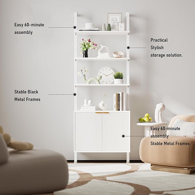 74" Tall Bookshelf with Storage Cabinet, Modern Ladder Shelf with Wood and Metal Frame, Wall Mount Bookcase Open Display Shelf Furniture for Living Room, Bedroom, Home Office, White