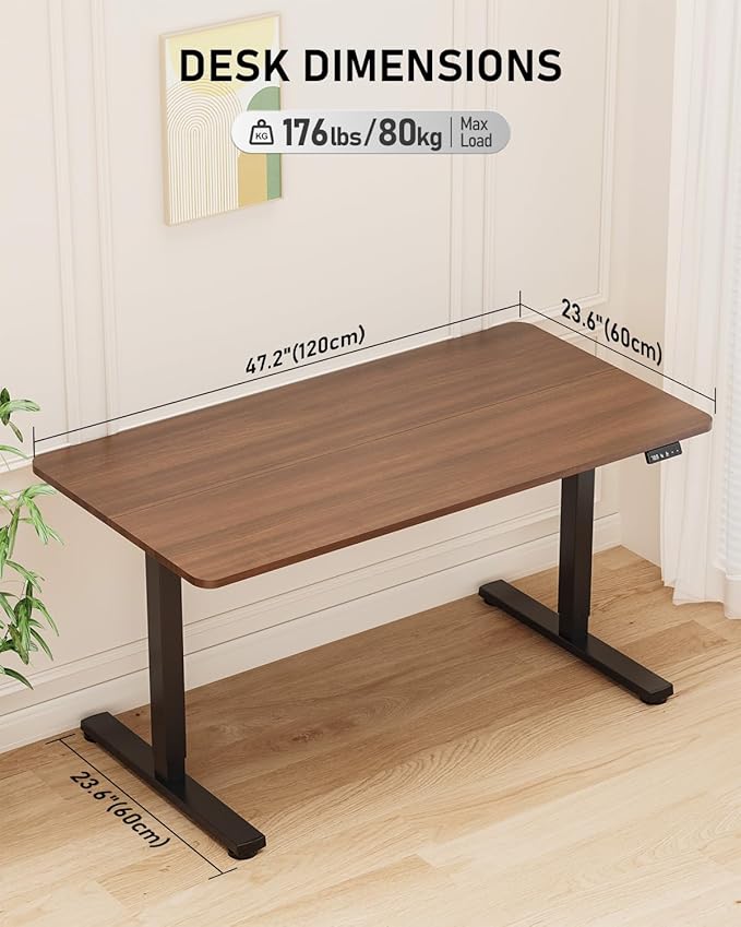 Electric Standing Desk, Large Height Adjustable Stand up Desk, 48 x 24 Inches Sit Stand Home Office Desk, with Splice Board, Black Frame/Walnut Top