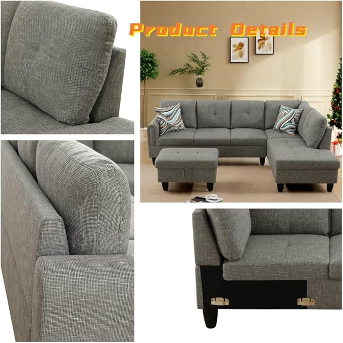 L Shaped Sectional Couch with Otttoman, 97" Sectional Sofa for Living Room Flannel Modular Couches with Cup Holders for Bedroom, Apartments, Grey