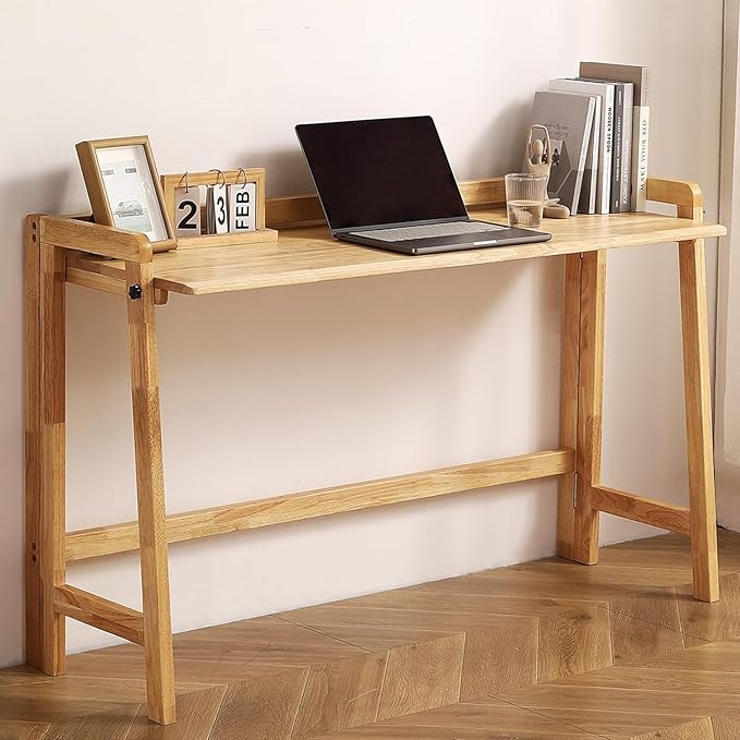 Solid Wood Folding Desk Mid Century Modern Table, 55'' Foldable Writing Computer Desk for Home Office, Simple Study Makeup Workstation, Wooden Study Office Desk Table for Small Spaces, Natural Color