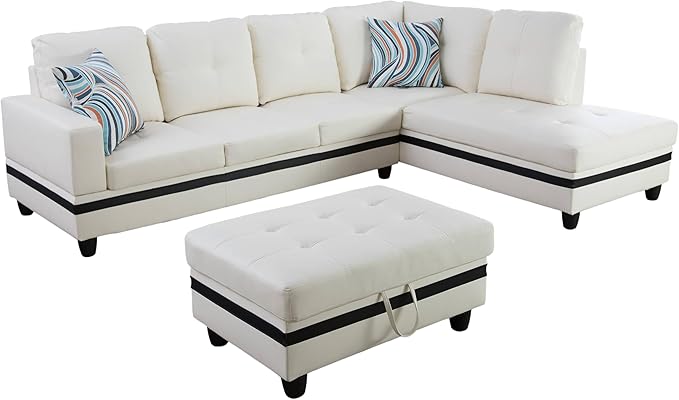 NicBex Sectional Couch 3 Pieces Sofa Set with Left Chaise PU Synthetic Leather L Shaped Cloud Couch for Living Room Furniture Sets with Storage Ottoman, Modular Sofa for Apartment, White+Black