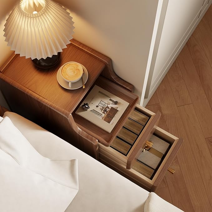 Small Nightstand with Drawers, Solid Wood Bedside Table, Narrow Walnut Nightstand for Bedroom