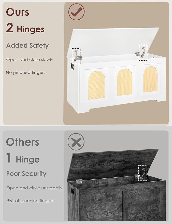 DINZI LVJ Storage Chest, 39.4" Rattan-Like Storage Box with 2 Safety Hinges, Wooden Entryway Shoe Bench with Flip-Top, Trunk for Living Room, Bedroom, Easy Assembly, White and Natural