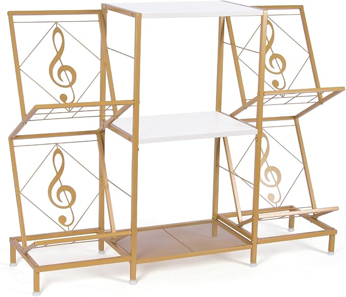 Record Player Stand with Vinyl Record Storage, Turntable Stand with 4-Tier Vinyl Display Shelf & Metal Frame, Record Holder for Living Room, Gold & White