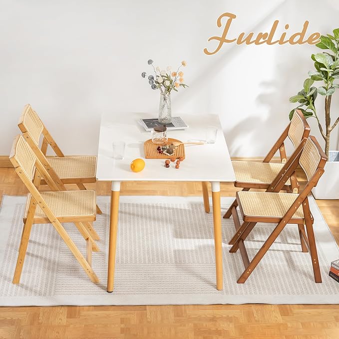 Rattan Folding Chairs, Modern Mid Century Dining Chairs Set of 2, Outdoor Bamboo Chair for Bedroom Living Room Reading Room Dining Kitchen, Wood