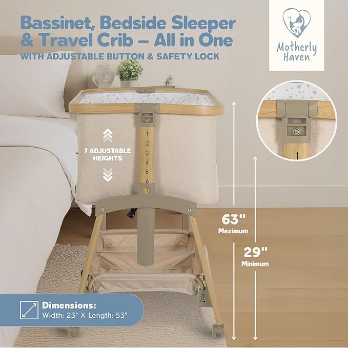 Baby Bassinet Bedside Sleeper, Portable Crib for Newborns, Adjustable 7-Height Auto-Lock, with Wheels, Soft Mattress & Breathable Mesh (Beige)