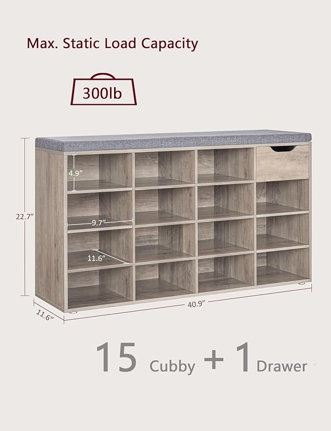 DINZI LVJ Shoe Bench, Entryway Storage Bench with Drawer and 15 Cubbies, Cubby Shoe Rack with Adjustable Shelves, Shoe Organizer Cabinet for Living Room, Bedroom, Mudroom, Closet and Garage, Greige