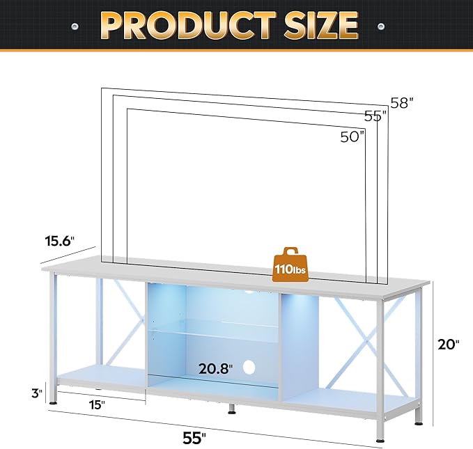 WLIVE TV Stand up to 65 Inch TV, 55" Entertainment Center with LED, Industrial TV Console with Glass Shelf for Living Room and Bedroom, White