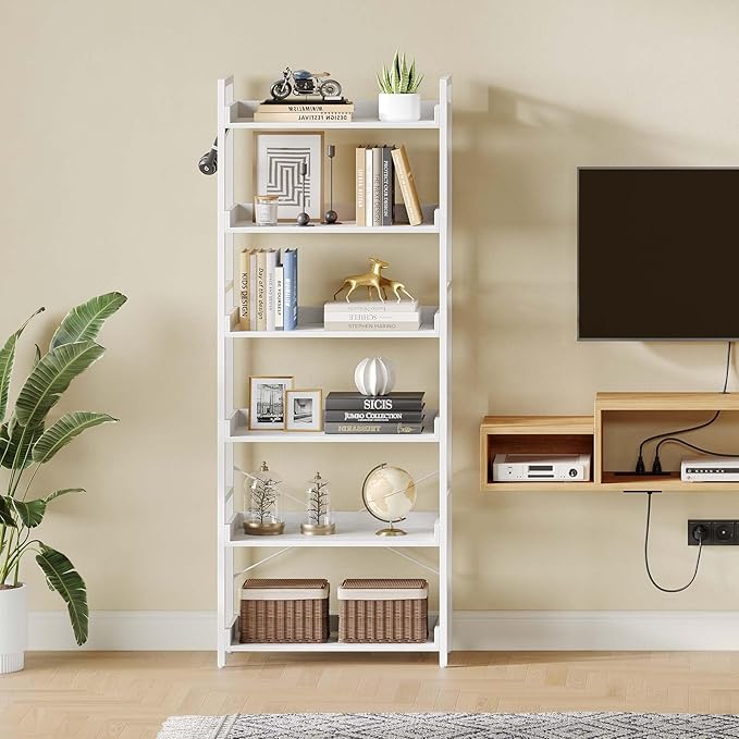 Rolanstar Bookshelf 6 Tier with 4 Hooks, Industrial Bookcase, Vintage Storage Rack with Open Shelves, Rustic Standing Bookshelves Metal Frame Display Rack for Living Room, Bedroom, White