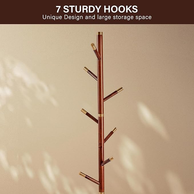 CozyDH Coat Rack Freestanding Solid Wood Coat Rack Stand, Coat Tree Freestanding with 7 Hooks Creative Tree Branch-look for Entryway, Hallway, Bedroom (Walnut)