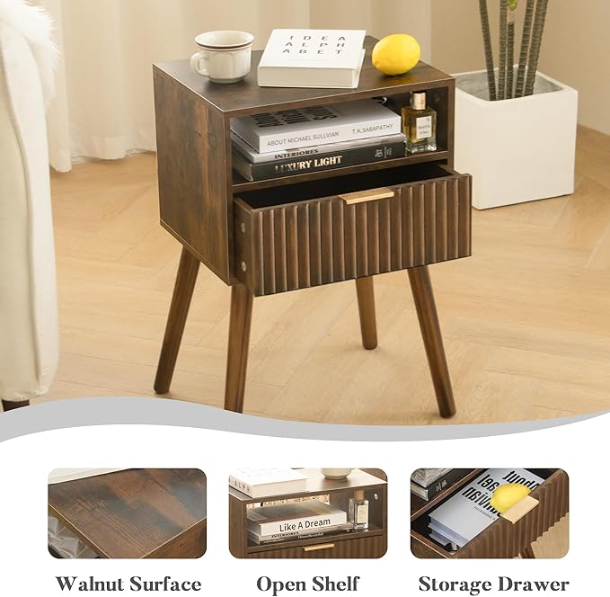 Walnut Nightstand, Wooden Bedside Table with Fluted Drawers and Open Shelf, Night Stand Wood for Bedroom, Dorm and Small Space (Rustic Brown)