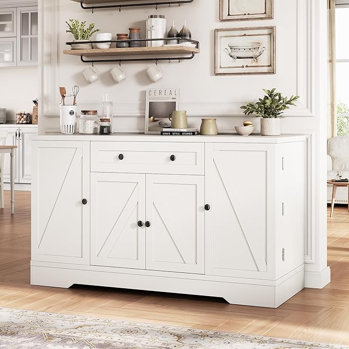 55" Buffet Cabinet with Storage, Kitchen Buffet Sideboard with Pull-Out Shelves and Drawer, Wood Farmhouse Coffee Bar Cabinet with 4 Adjustable Shelves, Kitchen Pantry for Living Room, White