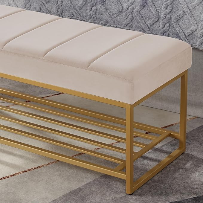 24KF Taupe Velvet Upholstered End of Bed Bench with Metal Shelf, Modern Tufted Channel Entryway Bench Footboard Bench for Living Room, Bedroom, Gold Bench,5036-Taupe