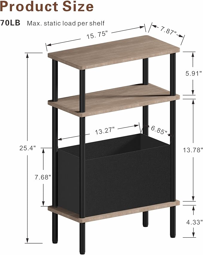 Narrow Side Table with Fabric Basket, End Table for Small Spaces, Slim Nightstand with 3-Tier Storage Shelf, Sofa Beside Table, for Living Room, Bed Room, Natrual Walnut