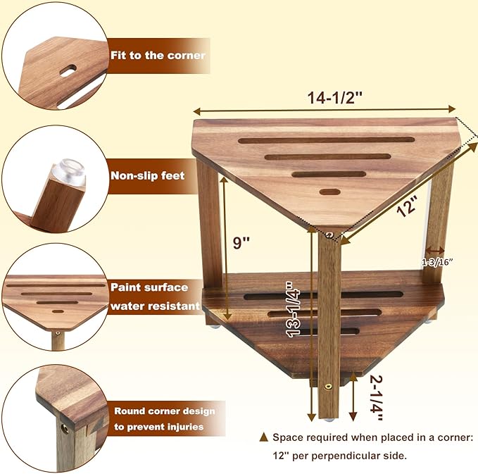 IBosins Corner Shower Stool with Storage Shelf Shower Foot Rest for Shaving Legs Small Bench for Inside Shower to Sit on Bath Seat - Acacia Wood
