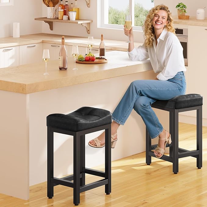 Dripex Backless Saddle Bar Stools Set of 3, Modern Faux Leather 24'' Counter Height Barstools with 4" Thick Seats & Heavy Duty Metal Legs, for Kitchen Island, Bar, Dining Room, Black