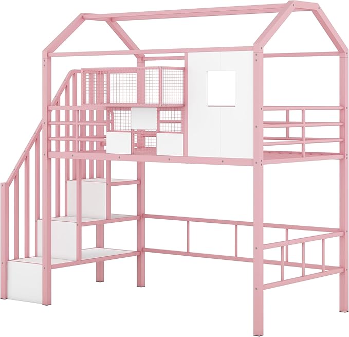 Twin Size Metal Loft Bed with roof Design and a Storage Box,House Shaped Stairway Metal Bedframe w/Guardrail & Roof Design, for Kids Boys Girls Bedroom, Pink