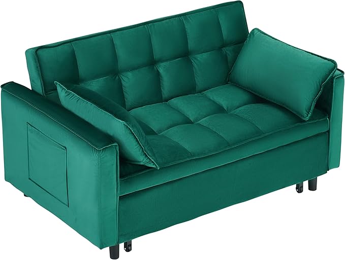 Ball & Cast Convertible Sofa Bed,Pull Out Loveseat Sleeper Sofa,Convertible Pull Out Couch W/ 2 Pillows,Adjustable Backrest & Side Pocket,Corduroy Futon Couches for Living Room,Apartment,Green,55"