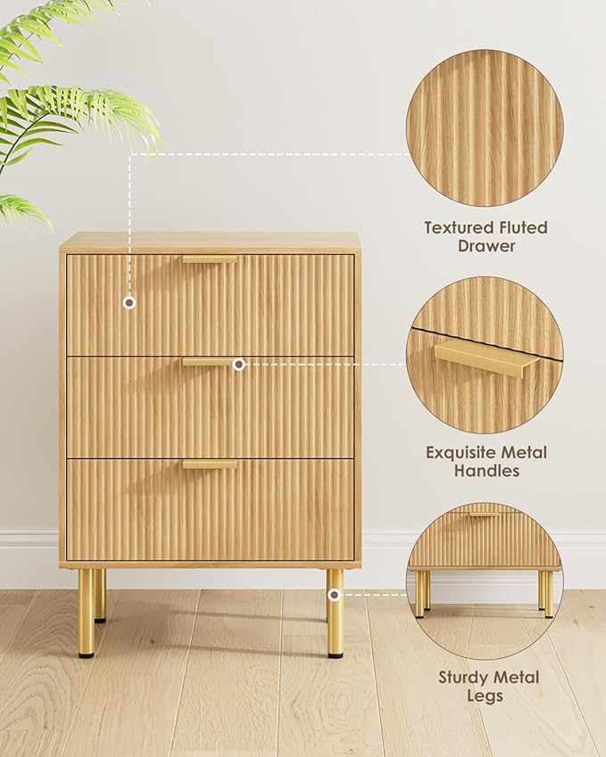 Night Stand,Tall Bedside Table with 3Storage Drawers,Oak Nightstand,Bedside Furniture,Side Table with Gold Frame,End Table for Bedroom,Living Room