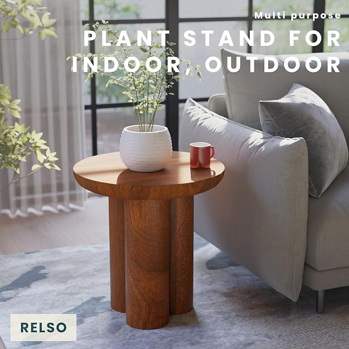 Relso Gaia Round End Table for Living Room and Farmhouse | Solid Mango Wood for Rustic Elegance | Ideal for Side Tables, Nightstands & More | Wood Side Table Round for Bedroom (Walnut)
