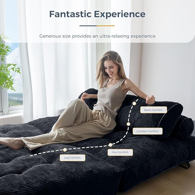 MAXYOYO Folding Sofa Bed, Convertible Sleeper Chair with Pillow Foldable Matress with Back Support, Portable Fold Out Chair Bed Comfy Floor Sofa Lounge for Living Room Bedroom, Black Double
