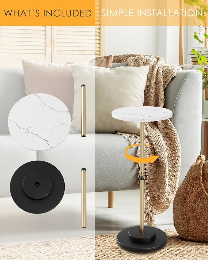 Round Side Table, Small Drink Table for Small Spaces, Modern Accent End Table Coffee Table with Metal Leg for Living Room, Bedroom, Corners, and Office (White Marble)