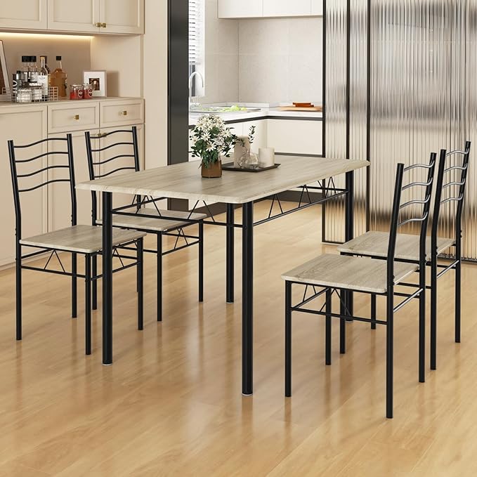 5 PCS Dining Table Set Counter Height Table and Chairs Set W/Steel Structure Dining Desk, 4 High Backrest Chairs & Anti-Slip Pads Dining Furniture Set for Kitchen and Restaurant(Beech Wood)