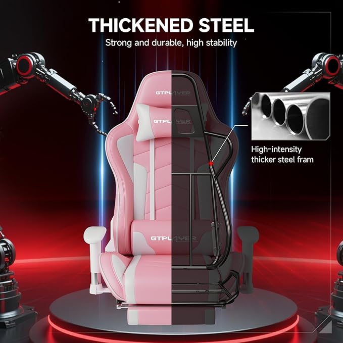 GTPLAYER Gaming Chair with Bluetooth Speakers and Footrest, Ergonomic Gamer Chair with Reclining Backrest, 3D Armrests, Adjustable Seat Height, Computer Desk Chair for Adults (Pink)