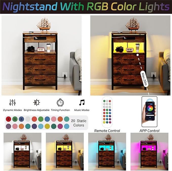 End Table with Charging Station, Nightstand with LED Lights and 3 Drawers, Small Dresser with Fabric Storage, Retro Side Table for Bedside, Living Room Dorm, Rustic Brown