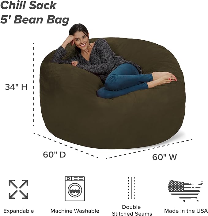 Chill Sack Bean Bag Chair - 5' Giant Memory Foam Lounge Chair with Soft Microfiber Cover – Cozy Furniture for Living Room, Dorm, & Kids' Rooms – Comfortable 5 Ft, Microsuede Lounge Sofa, Olive