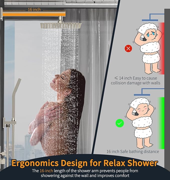 SR SUN RISE 12 Inches Bathroom Luxury Rain Mixer Shower Combo Set Wall Mounted Rainfall Shower Head System Brushed Nickel Finish Shower Faucet Rough-In