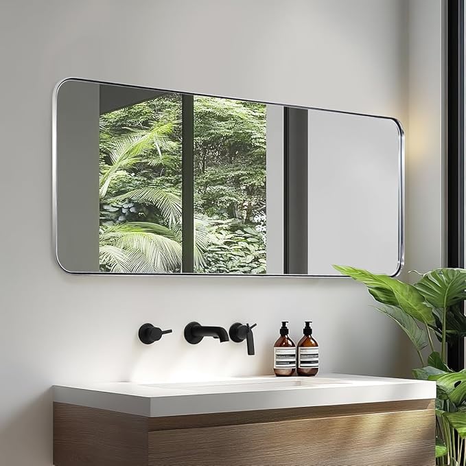 ANDY STAR 18" x 48" Full Length Wall Mirror, Large Polished Chrome Mirror for Bathroom, Rounded Corner Rectangle Body for Floor and Leaning
