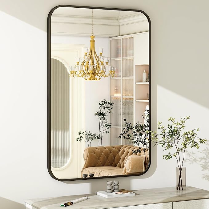 26 x 38 Inch Bathroom Mirror, Rounded Rectangular Vanity Mirror for Wall, Modern Mirror for Room Decor, Black Framed Wall-Mounted Mirrors for Home Decor, Hangs Horizontally or Vertically