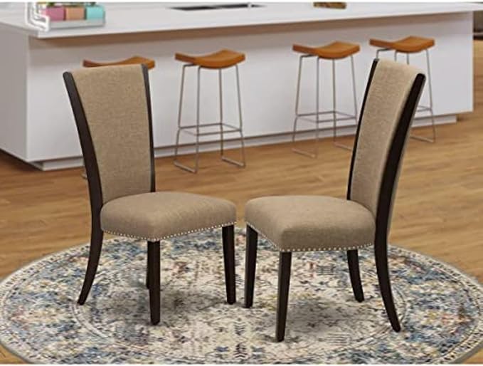 East West Furniture VEP3T47 Verona Modern Parson Chairs - Nailhead Trim Light Sable Linen Fabric Upholstered Dining Chairs, Set of 2, Mahogany