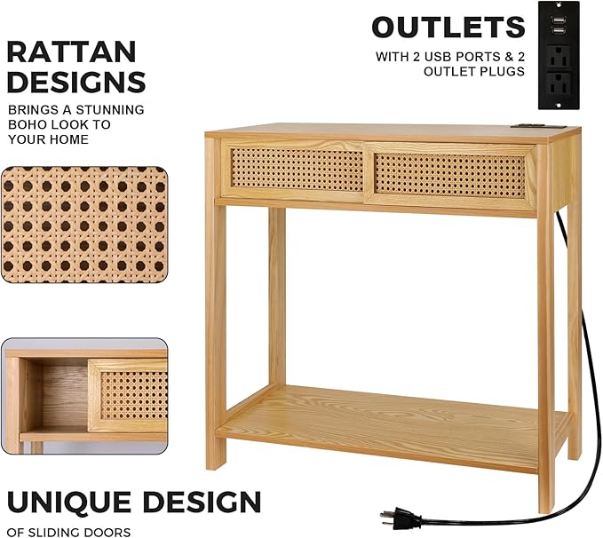 Console Table with Charging Station, Small Vanity Desk, 32" Console Tables for Entryway Table Rattan Dresser Entry Table Narrow Console Table Modern Hallway Table Boho Sofa Table for Living Room