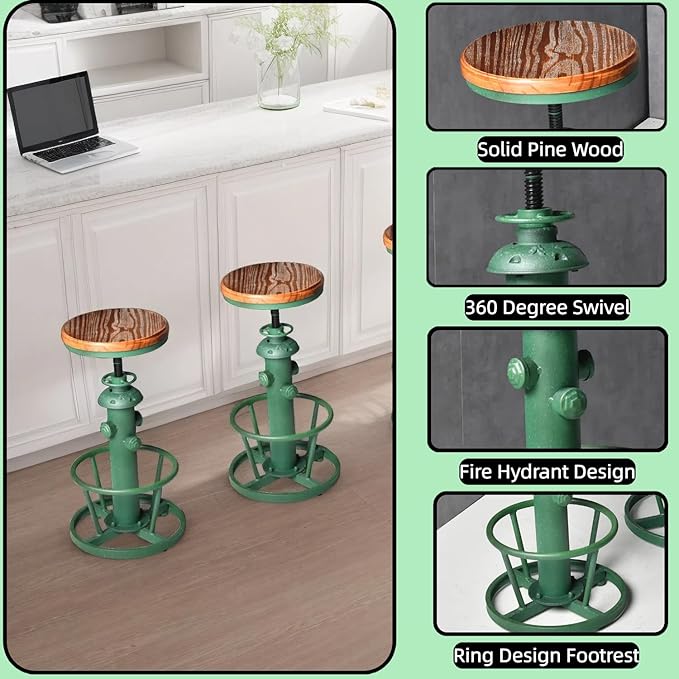 Vintage Bar Stool 24.8-30inch Counter Height Adjustable Industrial Coffee Chair with Swivel Wooden Seat Farmhouse Dinner Stools in Kitchen Dining Room