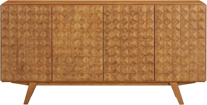NTC Sapa Mid-Century Modern Solid Wood Sideboard – 4-Door Accent Buffet Cabinet with Carved Geometric Fronts, for Living Room, Dining Room, or Entryway, Effortless Assembly, Teak Look