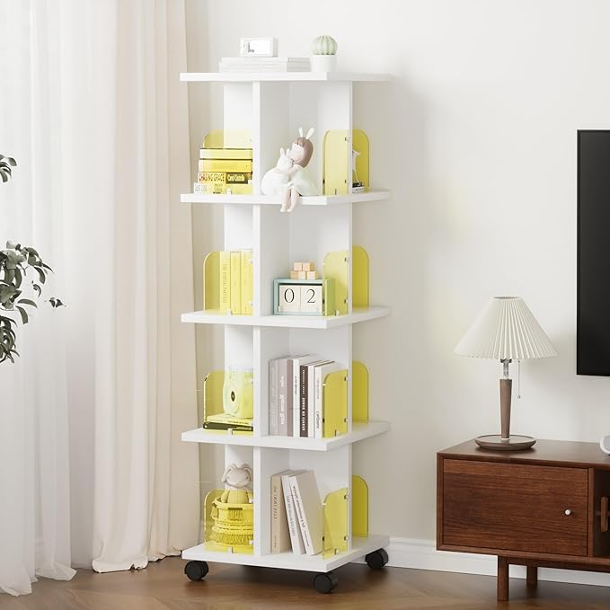 VECELO 4-Tier Rotating Bookshelf on Wheels, Revolving Bookcase Tower, Mobile Book Rack with Acrylic Windows, Narrow Rolling Bookshelves for Small Space, Corner, Bedroom, Office, White