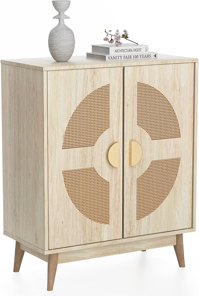 Buffet Cabinet with Storage Sideboard Accent Modern Credenza with Doors & Shelves 32.9" Rattan Media Console Mid Century Coffee Bar Table for Living Room Kitchen Dining Room Hallway