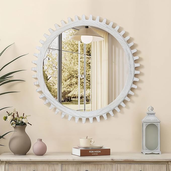 ULIKE Round Wood Mirror, 30 Inch Rustic Farmhouse Circle Mirror with Wooden Frame, Mordern Wall Decor for Bathroom Nursery Bedroom Living Room Entryway, White