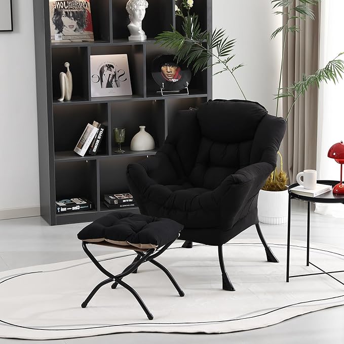 Lazy Chair with Folding Ottoman, Modern Accent Lounge Armchair with Armrests and a Side Pocket & Foldable Footstool, Leisure Reading Chair for Living Room, Bedroom, Dorm & Office, Black