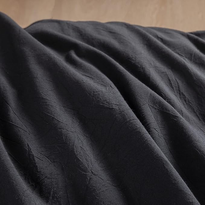BESTOUCH Duvet Cover Set 100% Washed Cotton Linen Feel Super Soft Comfortable Chic Lightweight 3 PCs Home Bedding Set Solid Deep Black King