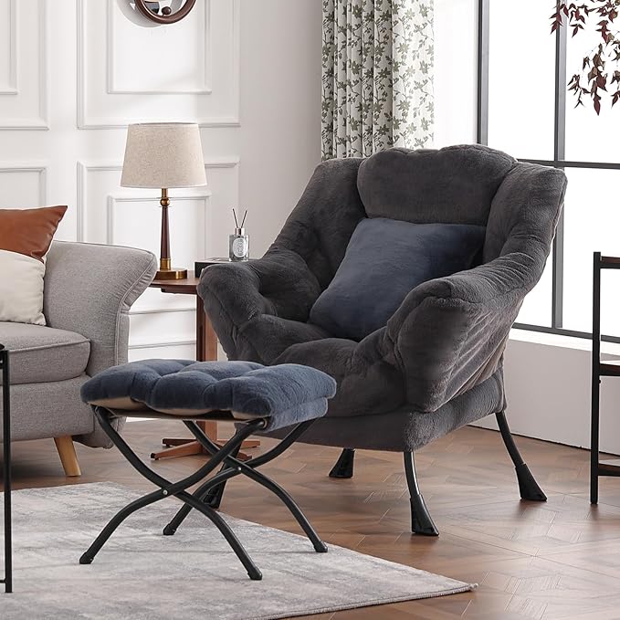 Lazy Chair with Ottoman, Reading Chair with a Pillow, Leisure Sofa Armchair with Ottoman, Large Accent Lounge Chair for Bedroom, Living Room, Dorm Room, Plush Blue-Gray