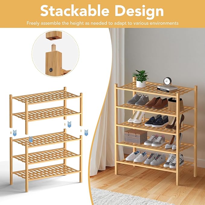Haddockway Large 3 Tier Bamboo Shoe Rack Storage Organizer,Multifunctional Free Standing Stackable Shoe Shelf with Grid Panel for Closet,Hallway,Entryway,Small Space 27"x12"x21"(Natural, 3-Tier Large)